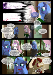 Size: 1240x1754 | Tagged: safe, artist:lunarcakez, princess celestia, princess luna, oc, oc:scarlett rain, alicorn, earth pony, pony, comic:the origins of hollow shades, book, cloak, clothes, comic, pink-mane celestia, s1 luna