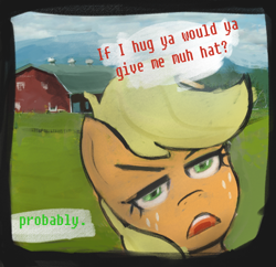 Size: 552x535 | Tagged: safe, artist:nignogs, applejack, earth pony, pony, applejack wants her hat back, hatless, implied hugging, missing accessory, offscreen character, reversed gender roles equestria, reversed gender roles equestria general