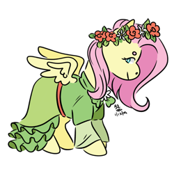 Size: 1024x1024 | Tagged: safe, artist:cheeseforest, part of a set, fluttershy, pegasus, pony, clothes, coronation dress, dress, female, floral head wreath, flower, looking at you, mare, profile, simple background, smiling, solo, spread wings, standing, transparent background, wings