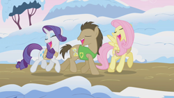 Size: 1280x720 | Tagged: safe, screencap, doctor whooves, fluttershy, rarity, earth pony, pegasus, pony, unicorn, winter wrap up, clothes, eyes closed, female, male, mare, singing, snow, stallion, trio, vest, winter, winter wrap up song