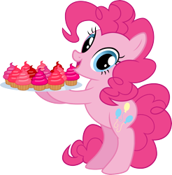 Size: 4000x4073 | Tagged: safe, pinkie pie, earth pony, pony, canon, cupcake, female, food, mare, platter, simple background, smiling, solo, standing, transparent background, vector