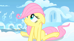 Size: 1280x720 | Tagged: safe, screencap, fluttershy, pegasus, pony, the cutie mark chronicles, cloudsdale, female, filly, filly fluttershy, solo, younger