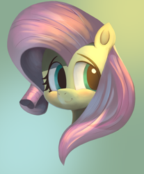 Size: 2060x2491 | Tagged: safe, artist:ahobobo, fluttershy, pegasus, pony, blushing, bust, digital painting, female, gradient background, looking away, looking sideways, mare, portrait, smiling, solo