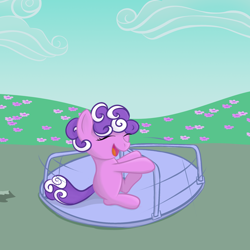 Size: 1600x1600 | Tagged: safe, artist:loopuleasa, screwball, earth pony, pony, carousel, eyes closed, filly, foal, happy, playing, screwing around, solo, younger