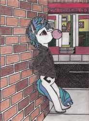 Size: 946x1288 | Tagged: safe, artist:thrashman, dj pon-3, vinyl scratch, pony, bricks, bubblegum, clothes, food, gum, jacket, leather jacket, pizza parlor, road, sidewalk