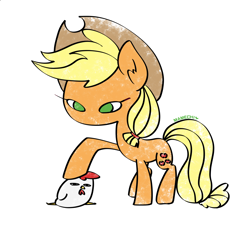 Size: 1080x1140 | Tagged: safe, artist:potetecyu_to, applejack, chicken, earth pony, pony, chibi, cowboy hat, female, hat, mare, simple background, solo, white background