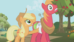 Size: 1280x720 | Tagged: safe, screencap, applejack, big macintosh, earth pony, pony, applebuck season, apple tree, bandage, brother and sister, duo, female, injured, male, ouch, poking, siblings, tree, wide eyes