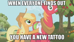 Size: 960x540 | Tagged: safe, edit, edited screencap, screencap, applejack, big macintosh, earth pony, pony, applebuck season, apple tree, bandage, captions, image macro, injured bandage, meme, pain, siblings, sweet apple acres, tree, wide eyes