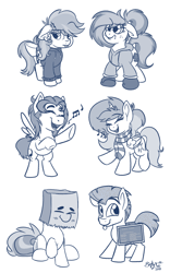 Size: 2000x3204 | Tagged: safe, artist:binkyt11, derpibooru exclusive, oc, oc only, oc:end credicts, oc:lightning dee, oc:mellow rhythm, oc:paper bag, oc:uppercute, oc:wonder sparkle, alicorn, earth pony, pegasus, pony, daring done?, :p, angry, blushing, bow, boxing gloves, bracelet, clothes, credits, derpibooru, end credits, facial hair, fangs, female, goatee, hoodie, jewelry, male, mare, meta, monochrome, music notes, paper bag, rearing, scrunchy face, silly, sitting, stallion, tail bow, tongue out