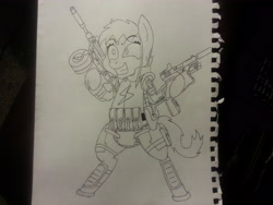 Size: 3264x2448 | Tagged: safe, artist:unreliable narrator, oc, oc only, oc:noir avery gumshoe, pony, fallout equestria, armor, bipedal, dual wield, glock 17, gun, riot gear, simple background, skorpion, smiling, solo, submachinegun, traditional art, weapon, white background