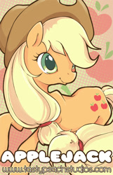 Size: 418x650 | Tagged: safe, artist:mooglegurl, artist:tastypeach, applejack, earth pony, pony, cowboy hat, cutie mark background, female, hat, mare, solo