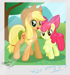 Size: 1024x1109 | Tagged: safe, artist:danmakuman, apple bloom, applejack, earth pony, pony, bow, cowboy hat, female, filly, hair bow, hat, looking at you, mare, sisters, tree