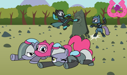 Size: 1024x607 | Tagged: safe, artist:author92, boulder (pet), cloudy quartz, limestone pie, marble pie, maud pie, pinkie pie, earth pony, pony, alternate costumes, brightly colored ninjas, female, fight, kicking, kunoichi, mare, martial arts, mask, mother, mother and child, mother and daughter, ninja, parent and child, pie sisters, pinned, pinned down, rock farm, siblings, sisters, sparring, stomp, stomping, unmasked