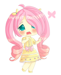 Size: 1000x1220 | Tagged: safe, artist:puffleduck, fluttershy, butterfly, human, alternate hairstyle, blushing, bow, chibi, clothes, colored pupils, cute, dress, female, hair over one eye, humanized, open mouth, pigtails, shyabetes, simple background, solo, transparent background