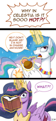 Size: 700x1527 | Tagged: safe, artist:johnjoseco, princess celestia, princess twilight 2.0, twilight sparkle, twilight sparkle (alicorn), alicorn, pony, the last problem, book, coconut, comic, dialogue, flower, food, glowing horn, hair over one eye, head turn, horn, magic, older, older twilight, open mouth, simple background, speech bubble, telekinesis, white background