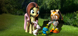 Size: 1568x726 | Tagged: safe, artist:hectorny, angel bunny, fluttershy, pegasus, pony, 3d, chao, cheese chao, cream the rabbit, crossover, sonic the hedgehog (series)