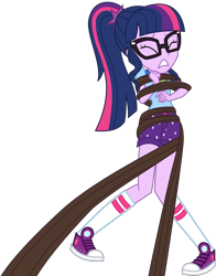 Size: 3000x3822 | Tagged: safe, artist:uponia, derpibooru import, sci-twi, twilight sparkle, equestria girls, legend of everfree, clothes, converse, eyes closed, glasses, i've seen enough hentai to know where this is going, shoes, shorts, simple background, sneakers, socks, solo, struggling, transparent background, vector