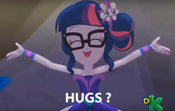 Size: 800x510 | Tagged: safe, derpibooru import, edit, edited screencap, screencap, sci-twi, twilight sparkle, equestria girls, legend of everfree, caption, discovery kids, hug request, image macro, solo, text