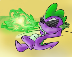 Size: 410x324 | Tagged: safe, artist:supersheep64, spike, dragon, g4, desert, fire, fire breath, male, on back, relaxing, solo, sunglasses