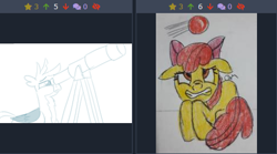 Size: 485x269 | Tagged: safe, apple bloom, gallus, griffon, chest fluff, derpibooru, dodgeball, juxtaposition, meta, scared, telescope, wings