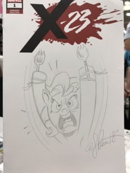 Size: 768x1024 | Tagged: safe, artist:andypriceart, pinkie pie, earth pony, pony, female, mare, solo, spork, traditional art, voice actor joke, wolverine