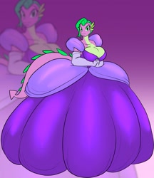 Size: 1105x1280 | Tagged: safe, artist:toughset, barb, spike, anthro, barbara greenscale, big breasts, breasts, cleavage, clothes, commission, dress, female, gown, impossibly large dress, older barb, rule 63, solo, spikahunas, zoom layer