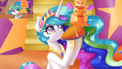 Size: 1200x675 | Tagged: safe, artist:pyropk, screencap, princess celestia, alicorn, pegasus, pony, unicorn, my little pony: pony life, cake, cakelestia, crown, food, g4.5 to g4, jewelry, redraw, regalia, scene interpretation, solo, treehouse logo