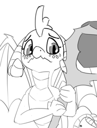 Size: 1280x1695 | Tagged: safe, artist:pabbley, princess ember, dragon, bloodstone scepter, cute, grayscale, monochrome, simple background, solo, white background