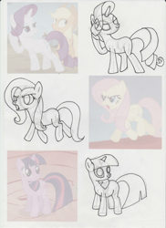 Size: 1702x2339 | Tagged: safe, artist:lazy-turtle, derpibooru import, fluttershy, rarity, twilight sparkle, pegasus, pony, unicorn, dragonshy, anatomy, drawing, sketch, sketch dump, study, traditional art