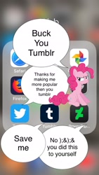 Size: 1280x2272 | Tagged: safe, derpibooru import, pinkie pie, pony, cellphone, deviantart, facebook, firefox, grammar error, icon, meta, phone, safari, speech bubble, tumblr, tumblr 2018 nsfw purge, tumblr drama, twitter, vector