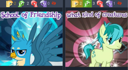 Size: 1143x630 | Tagged: safe, gallus, sandbar, classical hippogriff, hippogriff, derpibooru, gameloft, implied chancellor neighsay, juxtaposition, meme, meta, school of friendship, wow! glimmer