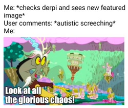 Size: 1264x1068 | Tagged: safe, editor:apex soundwave, discord, draconequus, autistic screeching, caption, chaos, derpibooru, image macro, impact font, male, meta, text