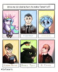 Size: 1080x1350 | Tagged: safe, artist:honey._.lu, princess celestia, alicorn, dragon, human, pony, :p, book, bust, clothes, connor, crossover, detroit: become human, female, fixiki, glasses, harry potter, hoof shoes, how to train your dragon, jewelry, killing stalking, male, mare, necktie, peytral, six fanarts, tiara, tongue out, toothless the dragon