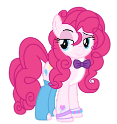 Size: 1024x1090 | Tagged: safe, artist:bezziie, pinkie pie, earth pony, pony, alternate design, alternate hairstyle, bedroom eyes, bowtie, clothes, simple background, smiling, socks, solo, transparent background