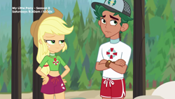 Size: 1280x720 | Tagged: safe, screencap, applejack, timber spruce, better together, equestria girls, turf war, crossed arms, duo, geode of super strength, hand on hip, lifeguard, lifeguard applejack, lifeguard timber, magical geodes