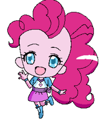 Size: 464x547 | Tagged: safe, artist:lovely-bases, artist:mlppony123, pinkie pie, equestria girls, :d, boots, chibi, clothes, cute, heart, jacket, one leg raised, ribbon, shoes, simple background, skirt, solo, white background