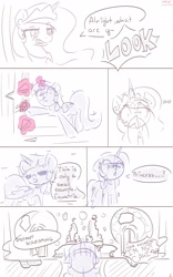 Size: 2549x4096 | Tagged: safe, artist:musicfirewind, princess celestia, twilight sparkle, twilight sparkle (alicorn), alicorn, pony, bite mark, cake, cakelestia, comic, covering mouth, food, gasp, glowing horn, horn, levitation, magic, telekinesis