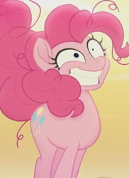 Size: 377x518 | Tagged: safe, screencap, pinkie pie, earth pony, pony, my little pony: the movie, bone dry desert, cropped, desert, desert sun madness, insanity, messy mane, smiling, solo