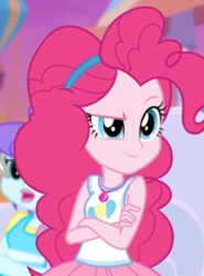 Size: 323x436 | Tagged: safe, screencap, aqua blossom, pinkie pie, better together, equestria girls, rollercoaster of friendship, background human, cropped, crossed arms, female, geode of sugar bombs, smiling