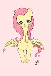 Size: 1200x1800 | Tagged: safe, artist:yanamosuda, fluttershy, pegasus, pony, blushing, cute, female, looking at you, mare, shyabetes, simple background, smiling, solo