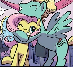 Size: 389x354 | Tagged: safe, artist:kate sherron, idw, fluttershy, zephyr breeze, pegasus, pony, spoiler:comic, spoiler:comic74, brother and sister, comic, cropped, cute, cutie mark, female, grin, hug, male, official comic, one eye closed, siblings, smiling, wings