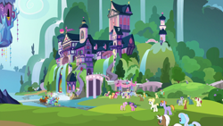 Size: 1920x1080 | Tagged: safe, screencap, applejack, auburn vision, berry blend, berry bliss, citrine spark, clever musings, coco crusoe, dark moon, dragon lord ember, end zone, fire quacker, fluttershy, grampa gruff, graphite, huckleberry, lily, lily valley, linky, mochaccino, november rain, peppermint goldylinks, pinkie pie, ponet, prince rutherford, princess ember, rainbow stars, rare find, rarity, shoeshine, slate sentiments, spike, strawberry scoop, sugar maple, summer breeze, summer meadow, tender brush, thorax, violet twirl, winter lotus, changedling, changeling, dragon, earth pony, griffon, pegasus, pony, unicorn, school daze, background pony, female, friendship student, king thorax, male, mare, raised hoof, school of friendship, stallion, twilight's castle