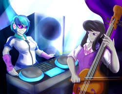 Size: 3507x2716 | Tagged: safe, artist:mantarwolf, dj pon-3, octavia melody, vinyl scratch, equestria girls, bow (instrument), cello, clothes, fingerless gloves, gloves, musical instrument, sunglasses, turntable