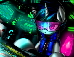 Size: 3850x2975 | Tagged: safe, artist:monochromacat, dj pon-3, vinyl scratch, pony, unicorn, computer, cup, female, keyboard, lava lamp, mare, screen, solo, visor