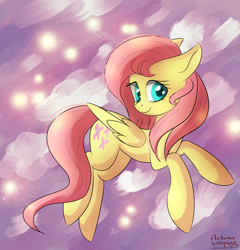 Size: 2897x3017 | Tagged: safe, artist:autumnvoyage, fluttershy, pegasus, pony, cute, female, folded wings, looking at you, mare, shyabetes, sky, solo, wings