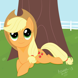 Size: 5000x5000 | Tagged: safe, artist:arcane-thunder, applejack, earth pony, pony, absurd resolution, digital art, female, fence, looking up, mare, prone, signature, smiling, solo, tree, under the tree