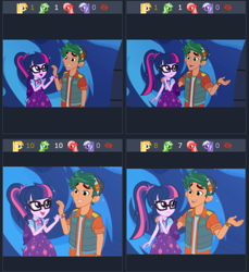 Size: 737x803 | Tagged: safe, screencap, sci-twi, timber spruce, twilight sparkle, better together, equestria girls, star crossed, backpack, clothes, comparison, derpibooru, female, geode of telekinesis, glasses, juxtaposition, magical geodes, male, meta, ponytail, vest