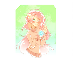 Size: 1024x863 | Tagged: safe, artist:prettyshinegp, fluttershy, butterfly, human, blushing, clothes, cute, eared humanization, eye clipping through hair, female, humanized, shyabetes, solo, sweater, sweatershy