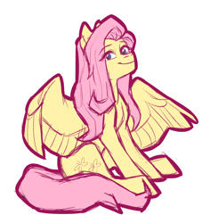 Size: 1126x1195 | Tagged: safe, artist:3-14sin, artist:apilsinn, fluttershy, pegasus, pony, cute, eye clipping through hair, looking at you, no pupils, shyabetes, simple background, sitting, solo, spread wings, white background, wings