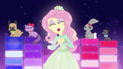 Size: 1920x1080 | Tagged: safe, screencap, fluttershy, cat, dog, rabbit, better together, equestria girls, so much more to me, clothes, cute, dress, shyabetes, singing